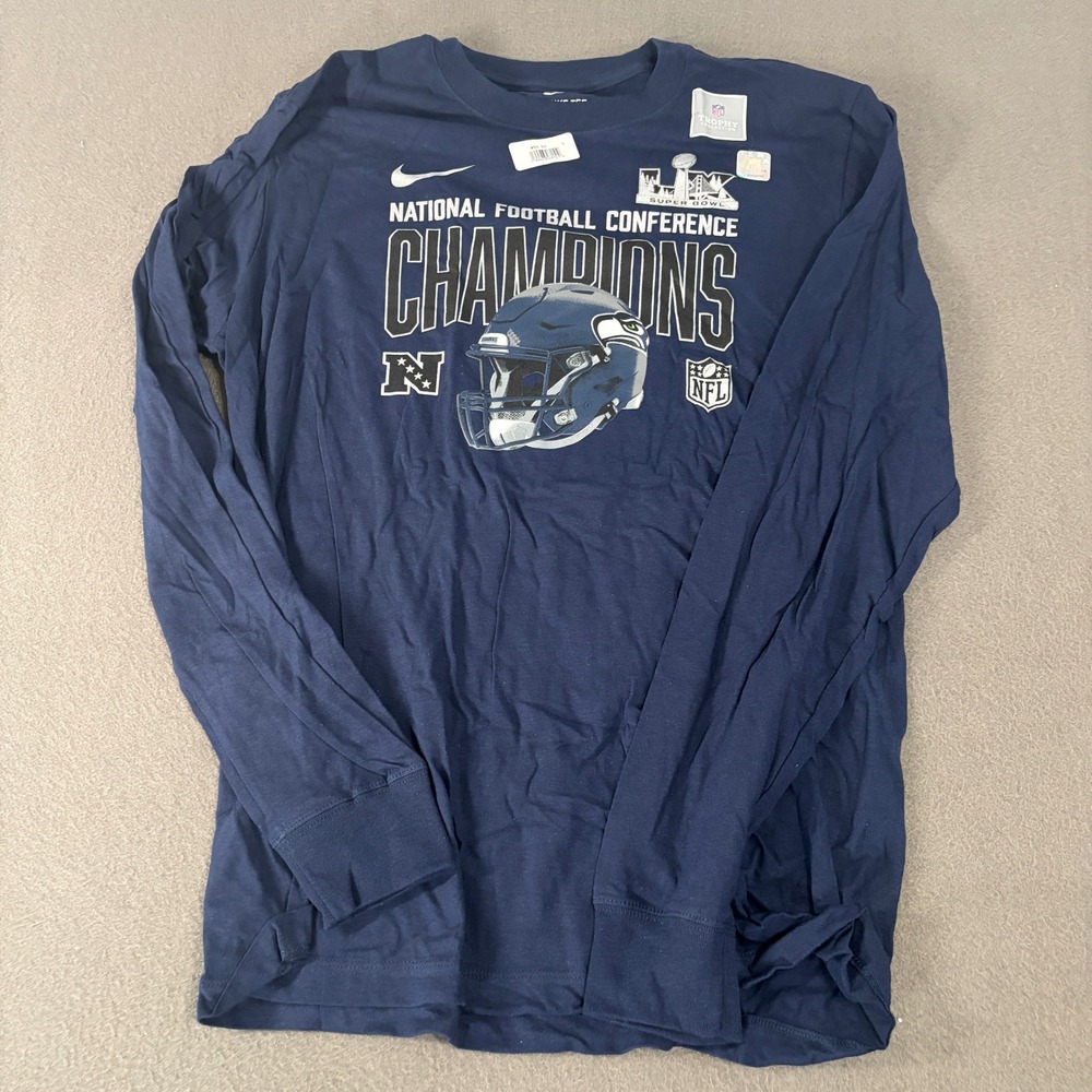 Nike Seattle Seahawks NFC Champions Long Sleeve Shirt Mens Size Large Navy Blue